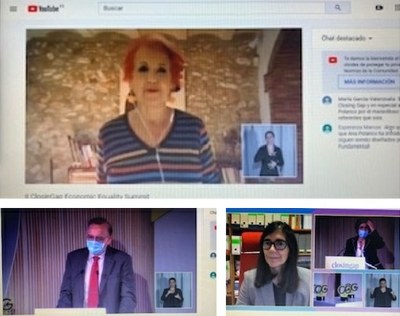 Arriba, Rosa Mª Calaf. Abajo, los otros dos premiados, Augusto López Claros y María Blasco