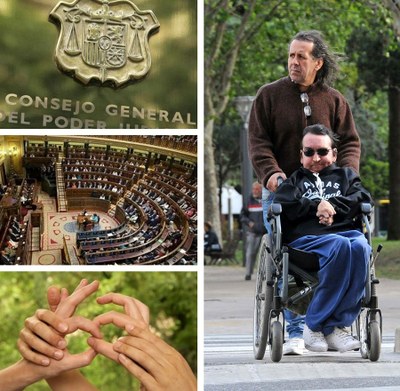 Montaje gráfico con imágenes del Congreso, del CGPJ y de varias personas con discapacidad