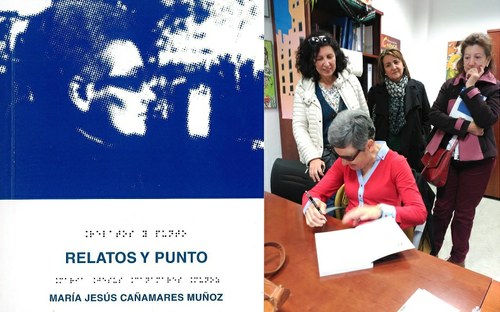 Portada del libro "Relatos y Punto" a la izquierda. A la derecha, Cañamares firma ejemplares de su libro en la Biblioteca de la UCLM