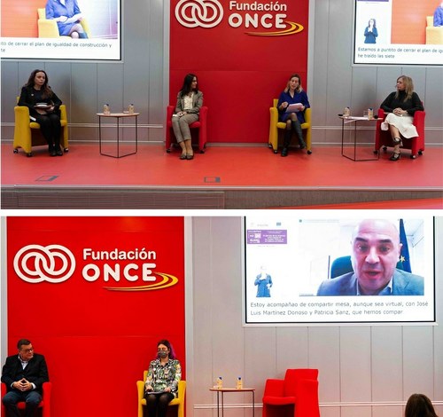 Collage de imágenes del evento. Arriba, mesa de debate, y abajo Martínez Donoso, Virginia Carcedo y Ángel María García Frontelo.