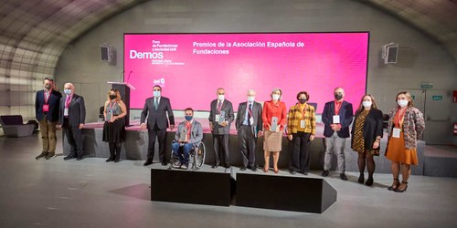 Foto de familia de los responsables de las entidades premiadas por la AEF, entre ellos, Miguel Carballeda, como presidente del Grupo Social ONCE