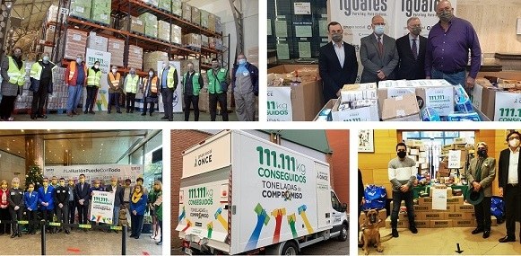 Collage de imágenes con los distintos actos de entrega de alimentos en diversos puntos de España