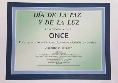 Diploma acreditativo del galardón a la ONCE de Alicante