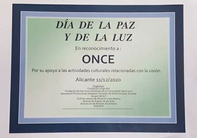 Diploma acreditativo del galardón a la ONCE de Alicante