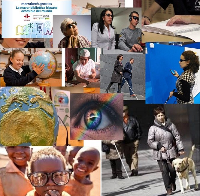 Collage de imágenes de personas ciegas del mundo y de otras alusivas a la ceguera o la deficiencia visual
