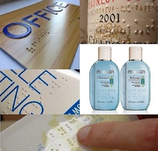 Collage de imágenes de productos etiquetados en braille