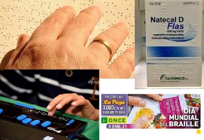 De la ONCE dedicado al Día Mundial del Braille rodeado de imágenes alusivas al braille