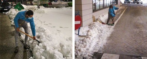 Trabajadores de Ilunion retiran la nieve de los pasos de acceso a sus centros de trabajo