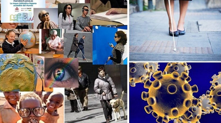 Collage de imágenes alusivas a las personas ciegas y el coronavirus
