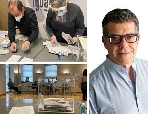 Arriba, a la izquierda, conteo de votos en una mesa del Consejo General de la ONCE. Abajo, primer plano de una urna. A la derecha, foto de Diego Sayago