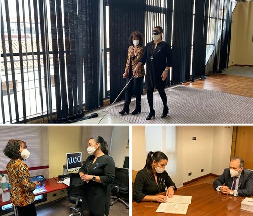 Collage de imágenes de la visita. Arriba, Mónica Silvana realizando el circuito de movilidad con antifaz y bastón. Abajo, reunida con Luis Natalio Royo y con una especialista en Rehabilitación
