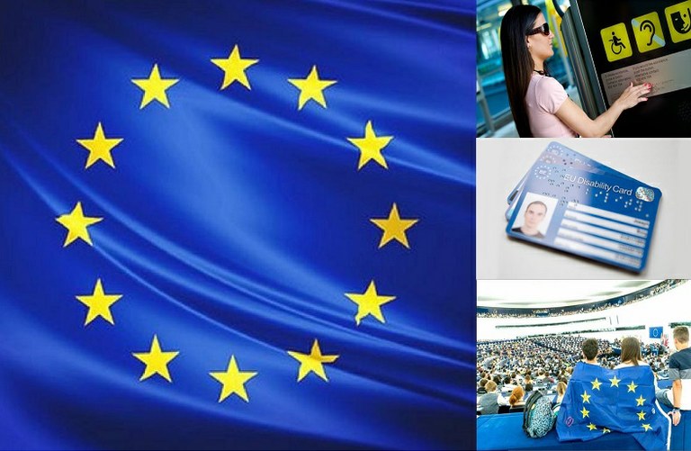 Collage de imágenes formado por la bandera de la UE, una persona ciegas tocando una señalética en braille, imagen de la tarjeta europea de discapacidad y otra del hemiciclo del PE
