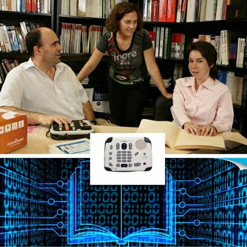 Collage de imágenes sobre libros accesibles para personas ciegas: Dos personas afiliadas en una biblioteca ONCE, reproductor de libros Daisy, e imagen alusiva a libros digitales.