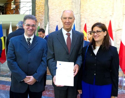Francisco Martínez Calvo, el director general de la OMPI y Bárbara Martín Muñoz en la ceremonia de ratificación del Tratado de Marrakech por la UE en 2018