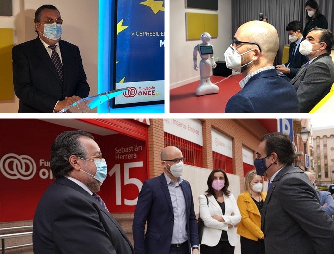 Collage de imágenes de la visita de Schinas a la sede de Fundación ONCE. Abajo recepción a su llegada. Arriba, Carballeda (izda.) y Nacho Álvarez y Schinas (dcha)