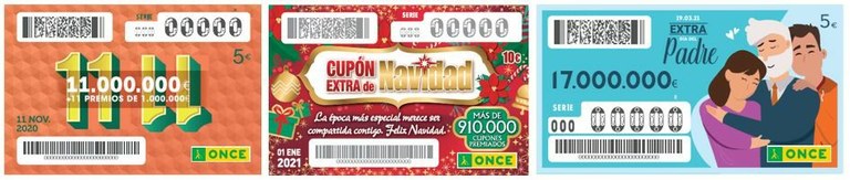 Cupones Sorteos Extraordinarios 11/11 de la ONCE, Cupón Extra de Navidad y Extra Día del Padre de la ONCE