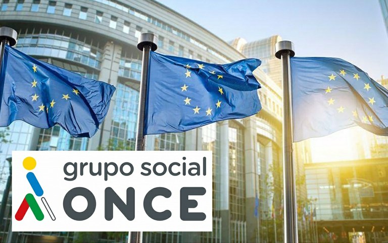 Logo del Grupo Social ONCE sobre banderas europeas sitas en la sede del Parlamento Europeo