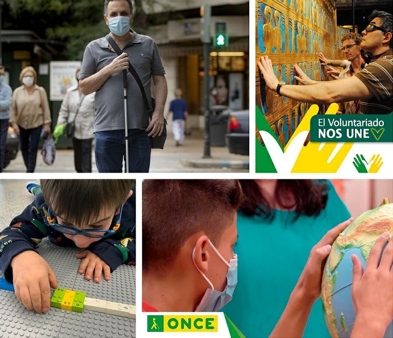 Collage de imágenes alusivas a los servicios sociales: personas afiliadas con bastón, cartel del programa de voluntariado, y escolares afiliados con diferentes herramientas adaptadas para mejorar su inclusión en la escuela
