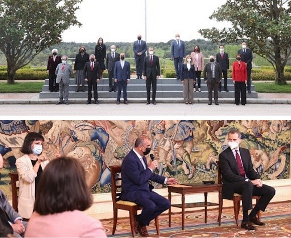 Collage de imágenes: arriba, foto de familia de la PTS con el Rey. Abajo, momento de la intervención de Poyato ante el Rey.