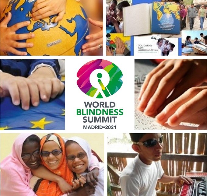 Collage de imágenes alusiva a personas ciegas del mundo con el logo de la WBS Madrid 2021 en el centro