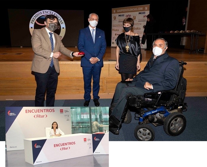 Collage de dos imágenes. De fondo, Alberto Durán (izda.) muestra el premio Excelencia junto a los promotores del mismo y a Jesús Hernández (a la dcha.) Abajo, la ministra Maroto en la jornada previa a Fitur 2021