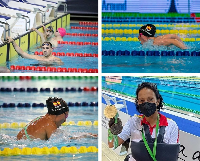 Collage de imágenes del campeonato. Arriba, Toni Ponce y Marta Fernández, en competición. Abajo, Sarai Gascón, en competición, y Teresa Perales mostrando sus medallas.