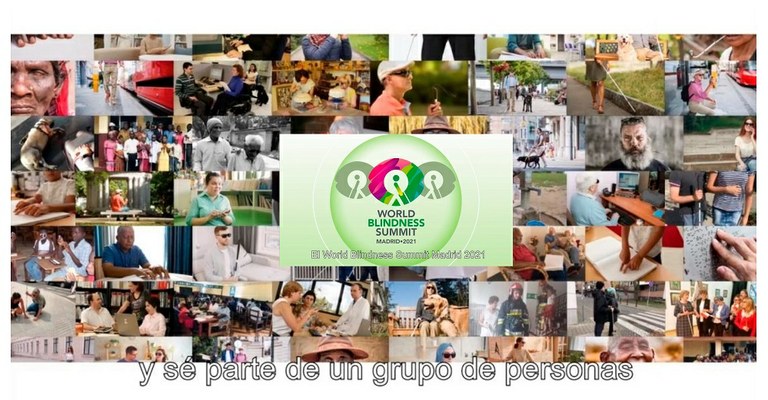 Collage de imágenes del vídeo, con un fondo de imágenes de personas con ceguera con el logo del WBS en el centro