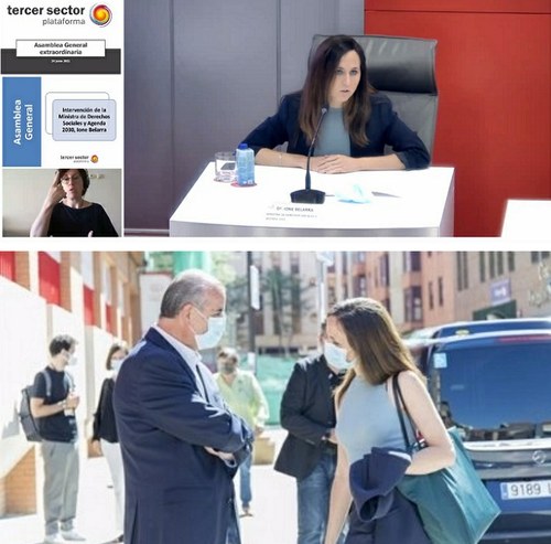 Arriba, Belarra durante su intervención. Abajo, Poyato saluda a la ministra a su llegada a la sede de Fundación ONCE