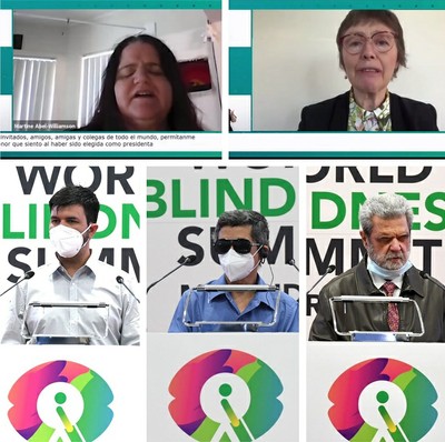 Arriba, las presidentas de la UMC y de ICEVI. Abajo, Ferreira, Canizales y Rodolfo Catani presidente de la Unión Europea de Ciegos