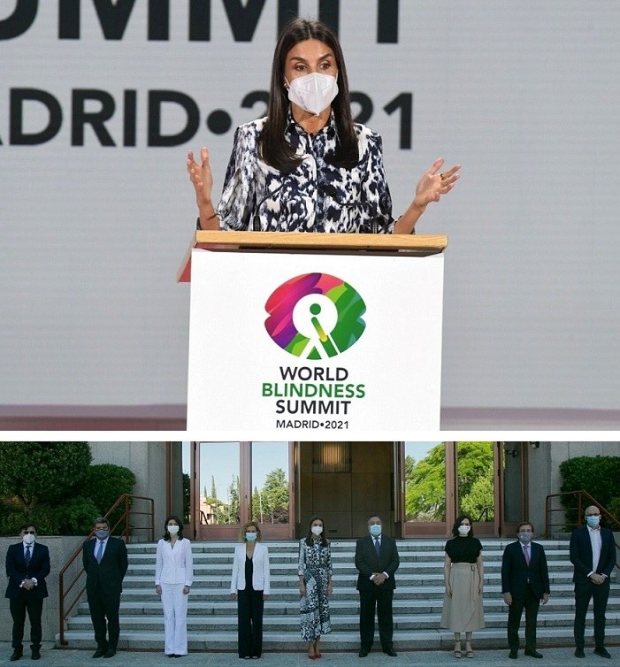 Collage de dos imágenes. Arriba, la reina Letizia durante su discurso inaugura. Abajo, foto de familia de todos los representantes instucionales junto a la reina y los responsables de la ONCE, Miguel Carballeda y Alberto Durán