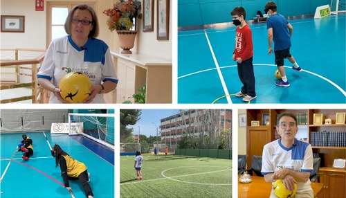 Collage de imágenes: Arriba, Imelda Fernández. Abajo, Andrés Ramos. El resto son imágenes de distintos momentos de la jornada, en encuentros de goalball y fútbol.
