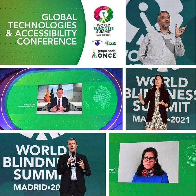 Collage de imágenes de la conferencia. De arriba a abajo, Carlos Carús, Pedro Duque, María Álvarez, Carlos de la Iglesia y Bárbara Martín