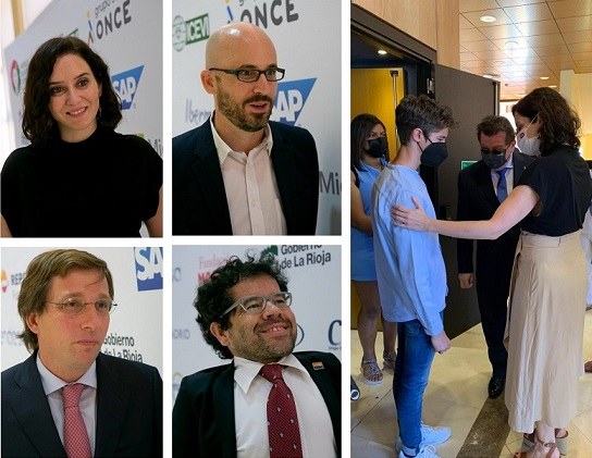 De izd. a dcha. Isabel Díaz Ayuso, Nacho Álvarez, y saludo de la presidenta a Hugo y Marlene. Abajo, el alcalde Martínez-Almeida y Jesús Martín