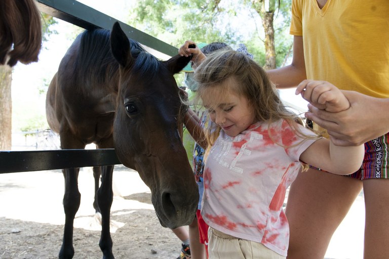 Una niña ciega junto a un caballo en el campamento