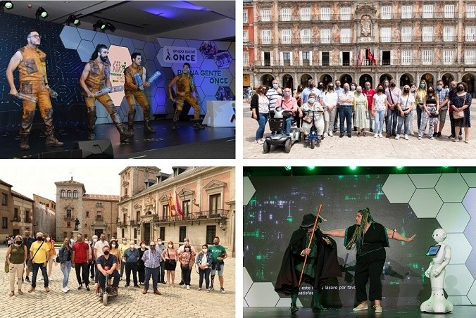 Collage con actuaciones de la Gala y grupos de homenajeados visitando Madrid