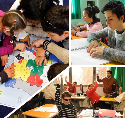 Collage con varios momentos en las aulas de los chavales ciegos