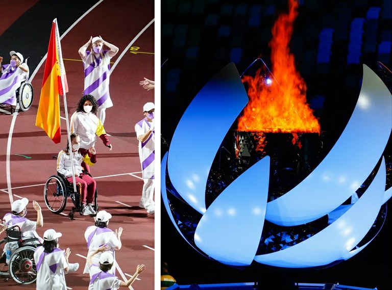 A la izda Marta Fernández como abaderada en la ceremonia de clausura. A la derecha el pebetero paralímpico.