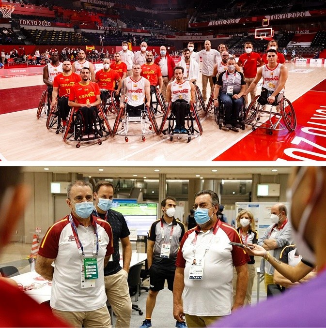 Arriba, el ministro con la selección masculina de baloncesto, y abajo, José Manuel Franco y Miguel Carballeda antes los medios de comunicación