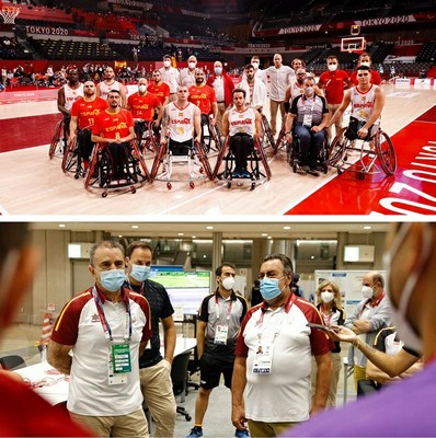 Arriba, el ministro con la selección masculina de baloncesto, y abajo, José Manuel Franco y Miguel Carballeda antes los medios de comunicación