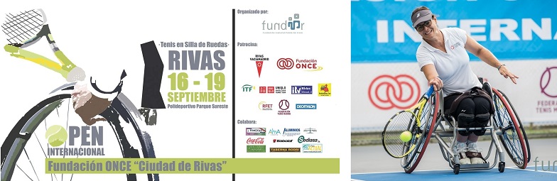 Cartel del Open de Tenis y foto de una jugadora en silla de ruedas