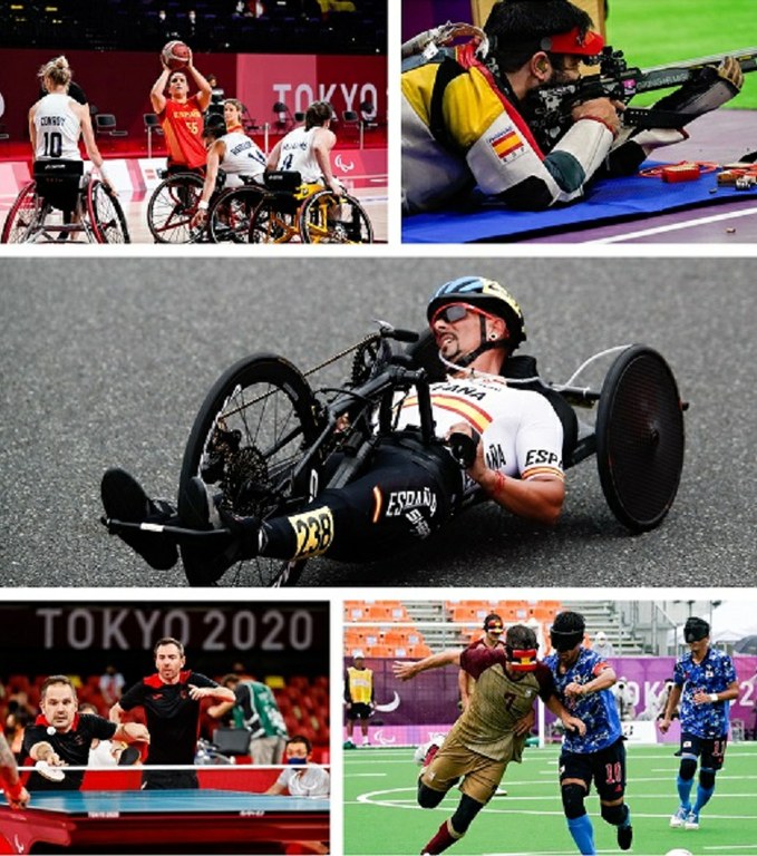 Collage de imágenes de más deportsitas españoles, como el equipo femenino de baloncesto, Juan Saavedra,  en el centro Sergio Garrote, y Álvaro Valera y Jordi Morales, y el equipo de fútbol para ciegos contras Japón,