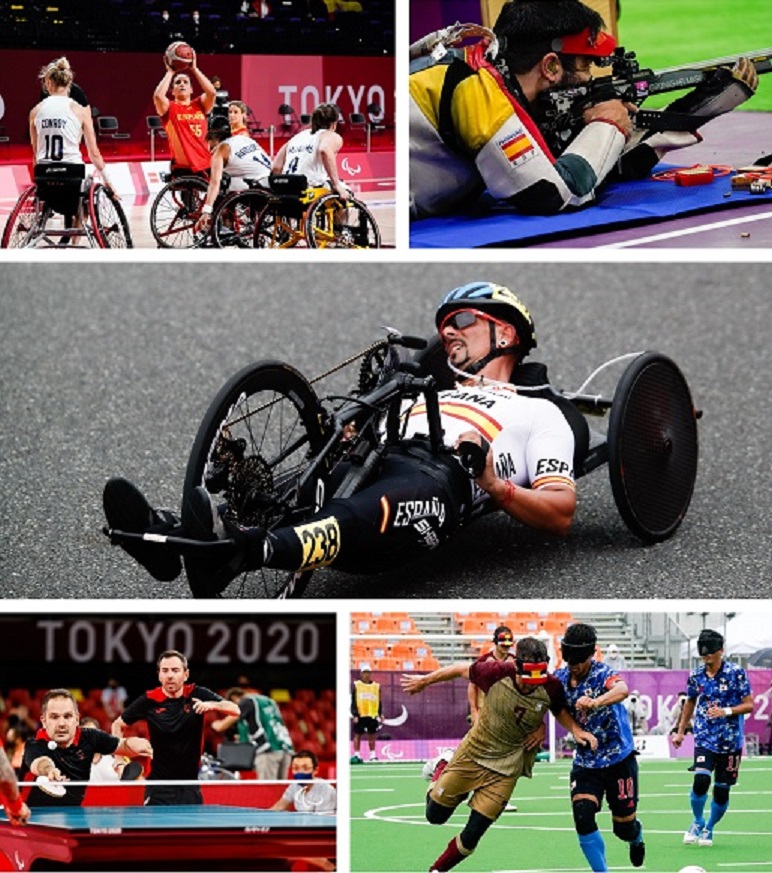 Collage de imágenes de más deportsitas españoles, como el equipo femenino de baloncesto, Juan Saavedra,  en el centro Sergio Garrote, y Álvaro Valera y Jordi Morales, y el equipo de fútbol para ciegos contras Japón,