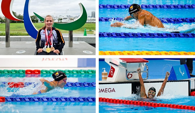 Collage de natación, con Marta Fernández, Oscar Salguero (arriba), Sarai Gascón y Teresa Perales (abajo).