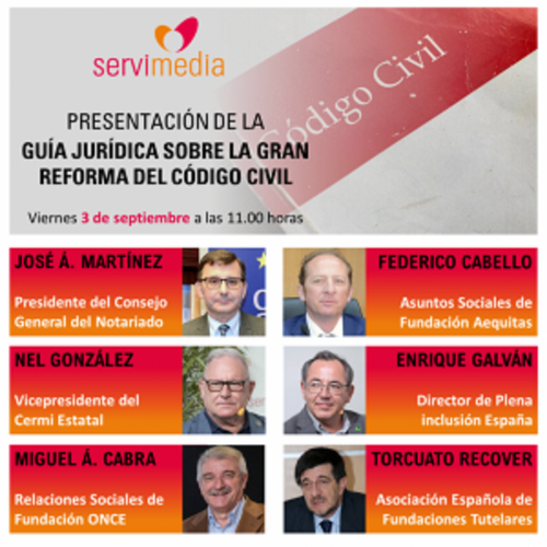 Diapositiva de los participantes en la presentación de la Guía en la sede de Servimedia