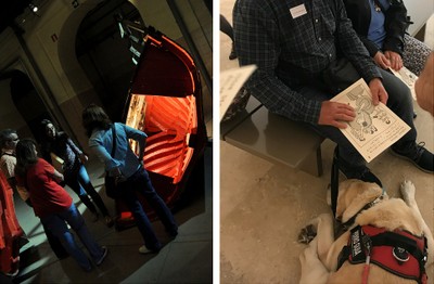 Azucena, a la izda. guia a un grupo en una visita accesible. A la izda, visitante ciego toca un diorama de una de las obras visitadas Azucena, a la izda. guia a un grupo en una visita accesible. A la izda, visitante ciego toca un diorama de una de las obras visitadas