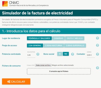 Pantallazo de una de las páginas del simulador web de la CNMC