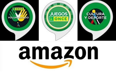 Skills de ONCE para Alexa arriba. Abajo, logo de Amazon.
