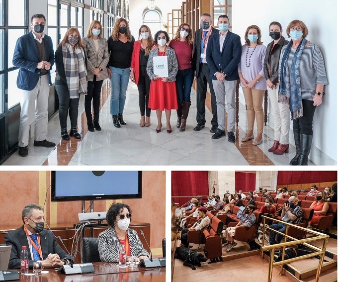 Arriba, foto de familia de representantes de ONCE y del CERMi. Abajo, momento de la comparecencia de Martínez y Viruet, y a la dcha, seguimiento de usuarios de perros guía durante el debate en el parlamento de la ley