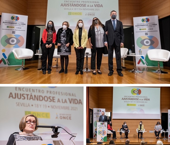 Imágenes de las personas encargadas de inaugurar el acto. Arriba foto de familia, abajo Imelda Fernández y momento de la intervención de Cristóbal Martínez