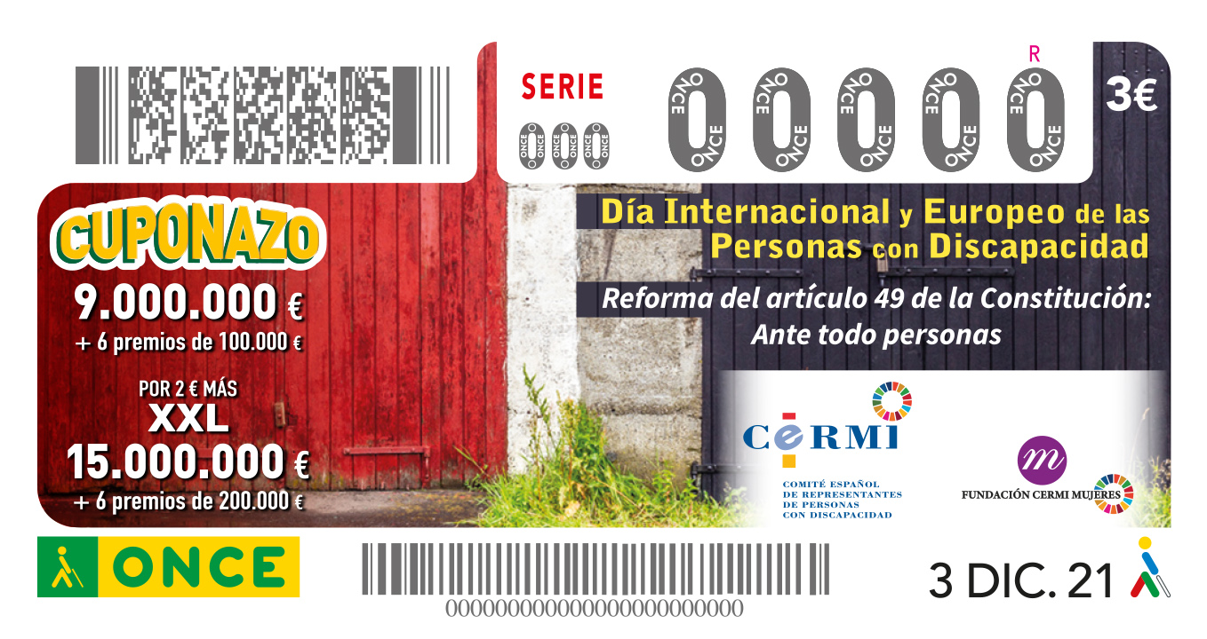 Cupón de la ONCE del 3 de diciembre dedicado a la reforma del artículo 49 de la Constitución